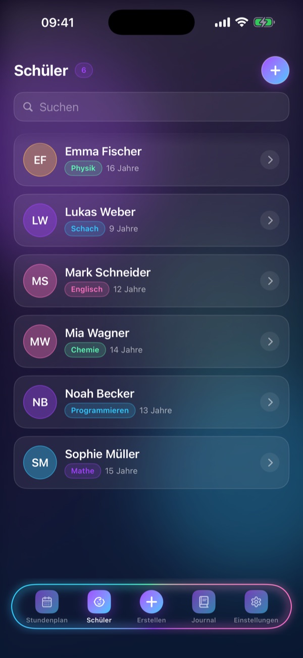 Schedule Lesson, Bildschirm „Schüler“: Alle Schüler und ihre Fächer
