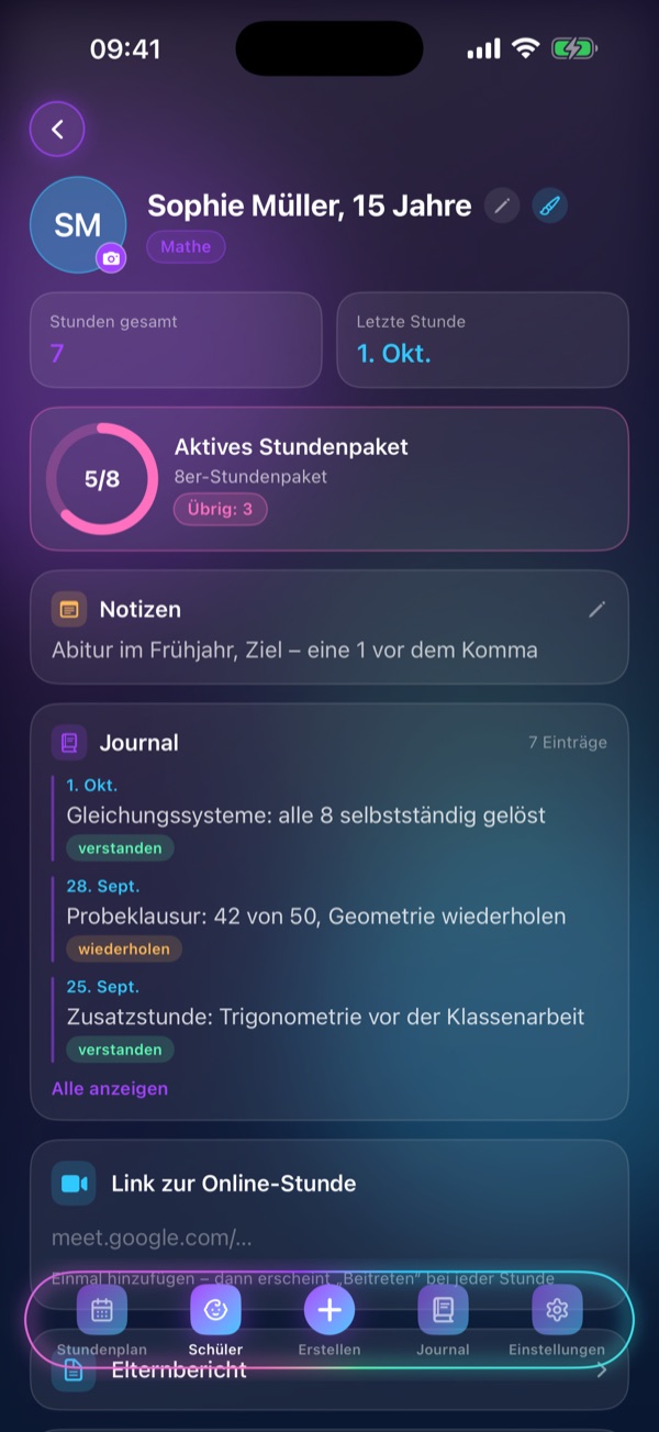 Schedule Lesson, Bildschirm „Schülerprofil“: Stundenpaket, Notizen, Journal