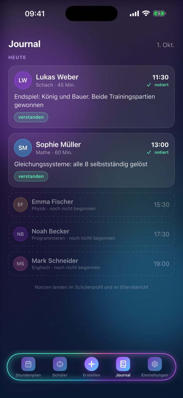 Schedule Lesson, Bildschirm „Journal“: Notizen zu jeder Stunde