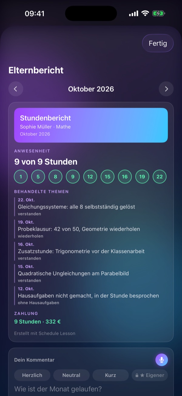 Schedule Lesson, Bildschirm „Elternbericht“: Anwesenheit, Themen, Zahlung