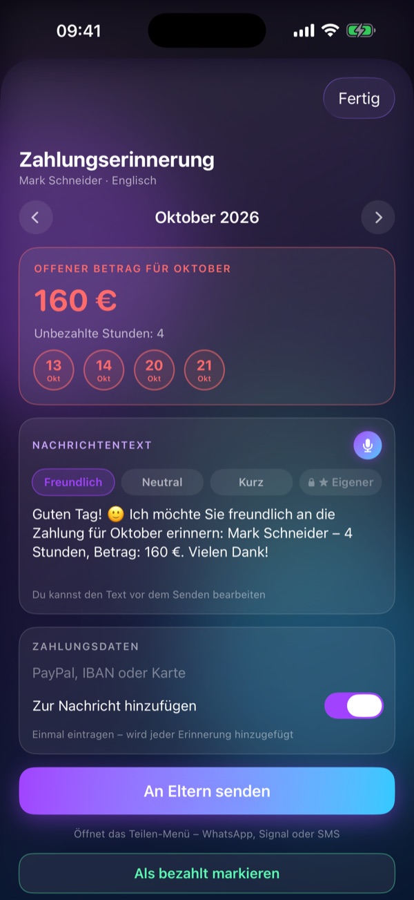 Schedule Lesson, Bildschirm „Zahlungserinnerung“: Offener Betrag des Monats und fertige Nachricht