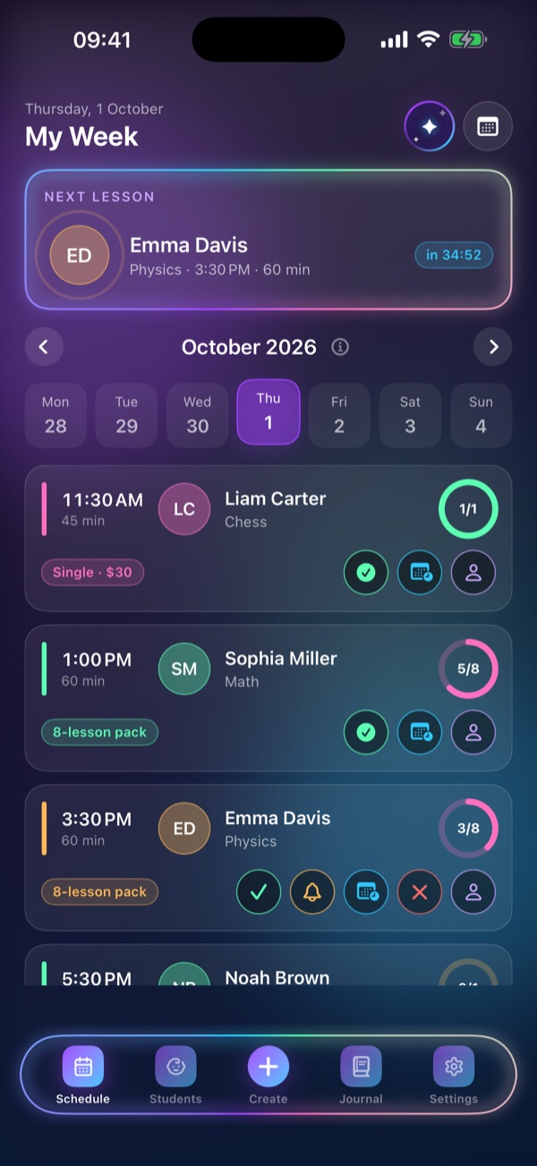 Schedule Lesson “Schedule” screen: Your week, next lesson and check-offs