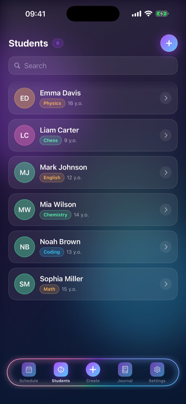 Schedule Lesson “Students” screen: All your students and their subjects