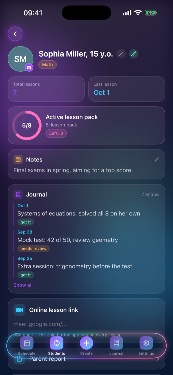 Schedule Lesson “Student card” screen: Lesson pack, notes, journal