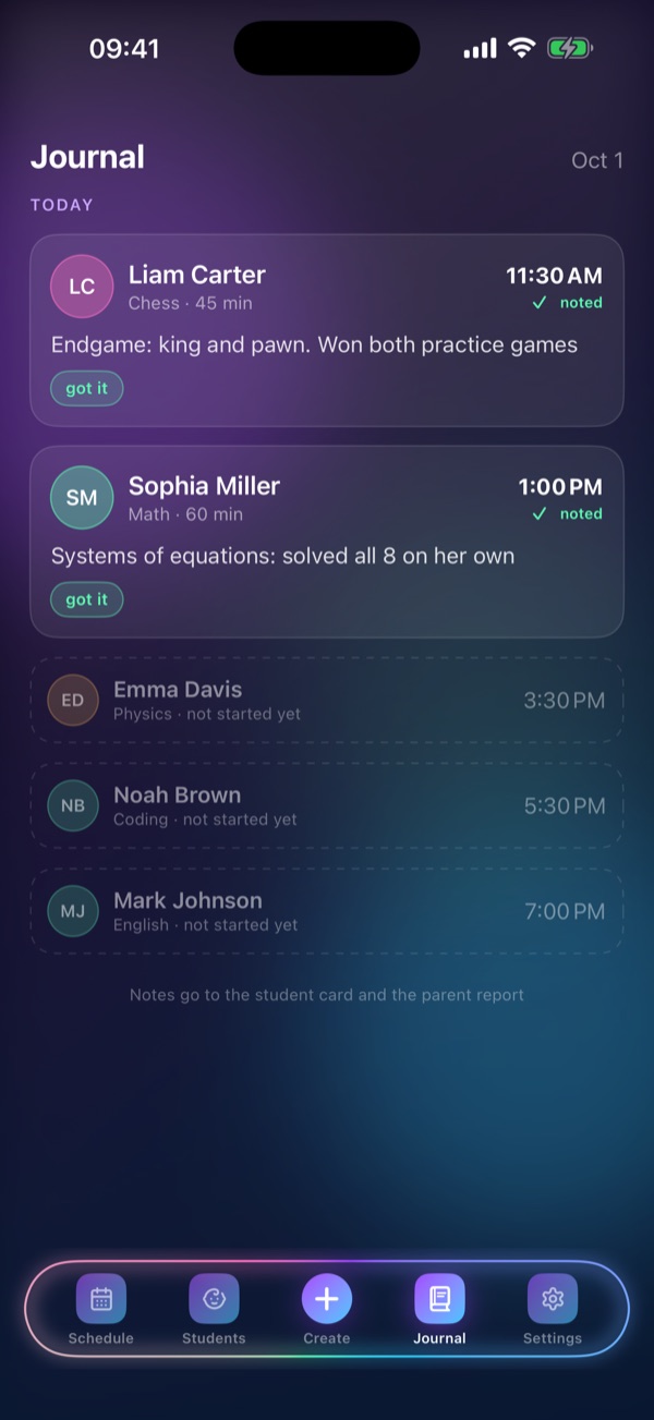Schedule Lesson “Journal” screen: A record of every lesson