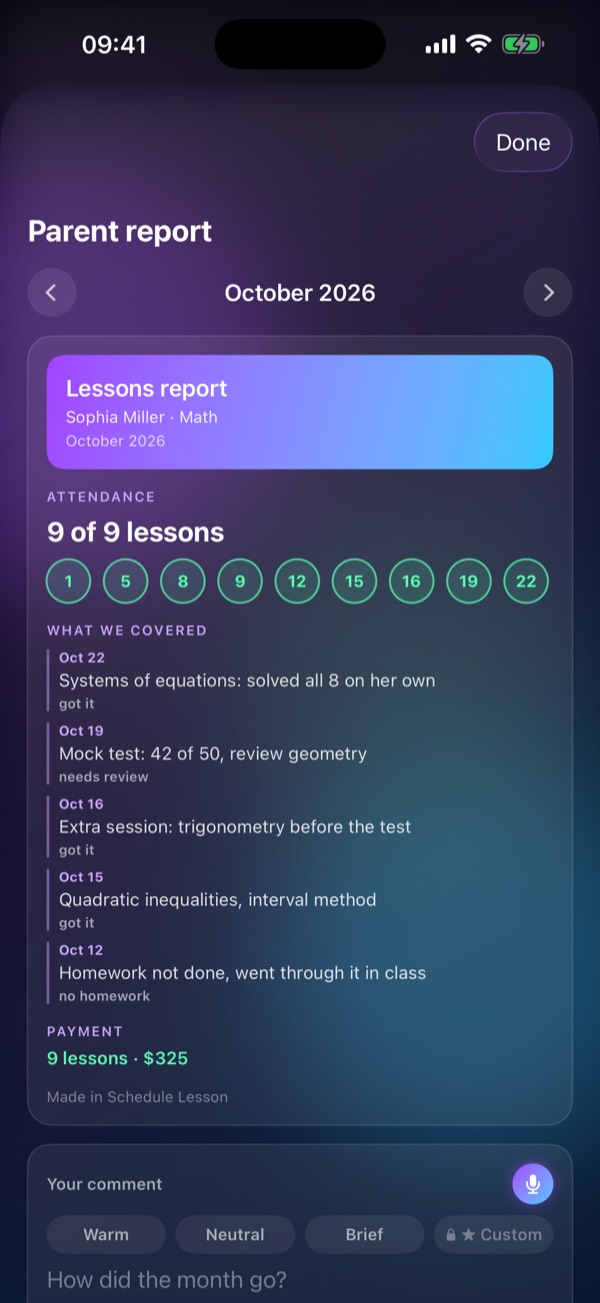 Schedule Lesson “Parent report” screen: Attendance, topics, payment