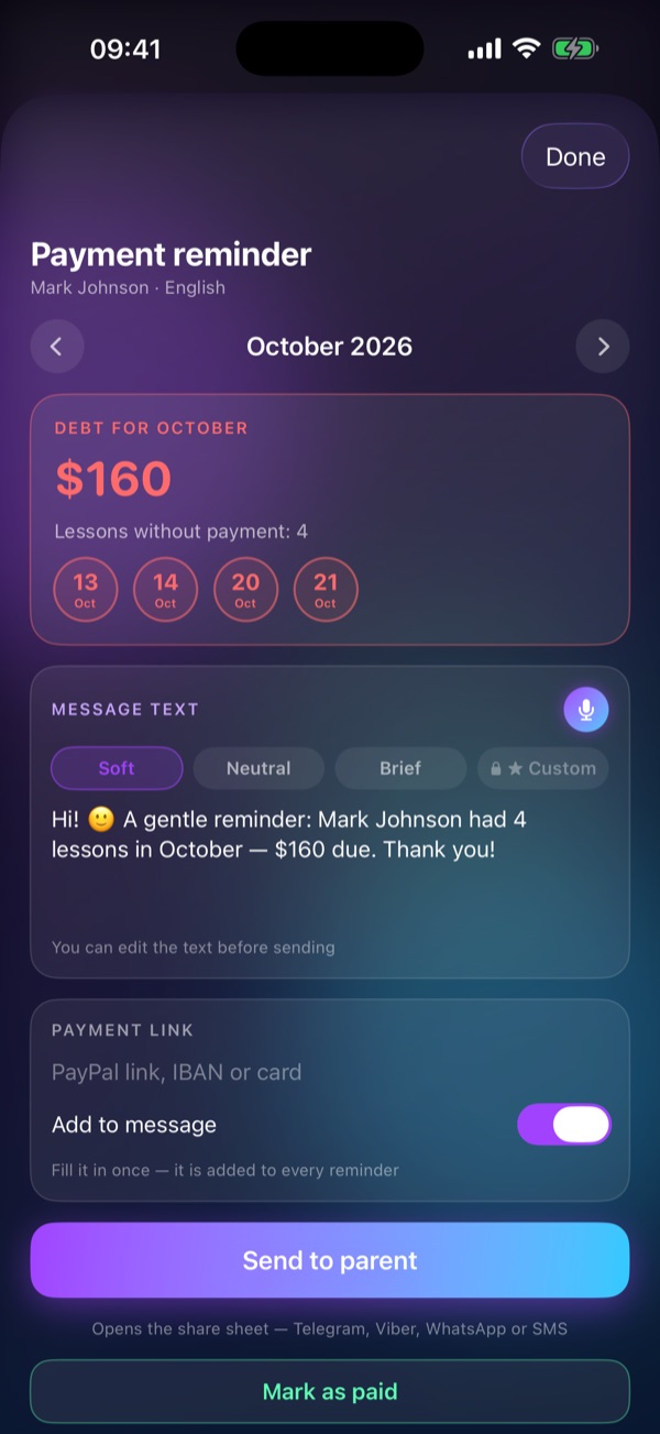Schedule Lesson “Payment reminder” screen: The month’s debt and a ready message
