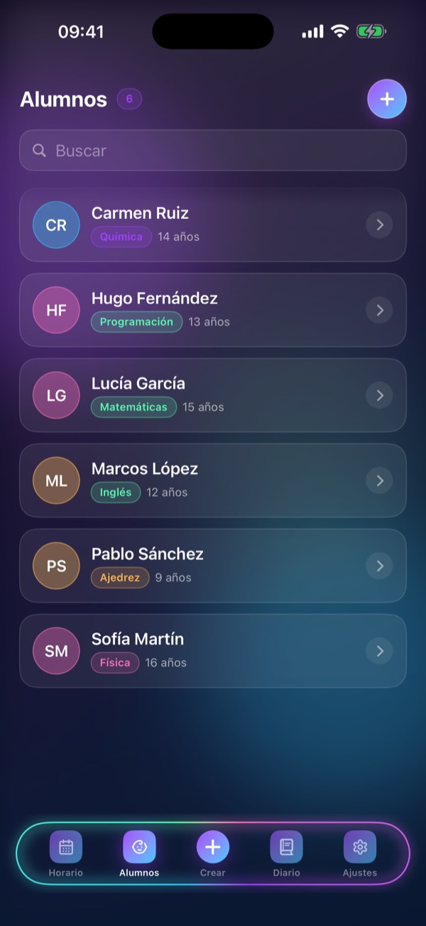 Pantalla «Alumnos» de Schedule Lesson: Todos tus alumnos y sus asignaturas