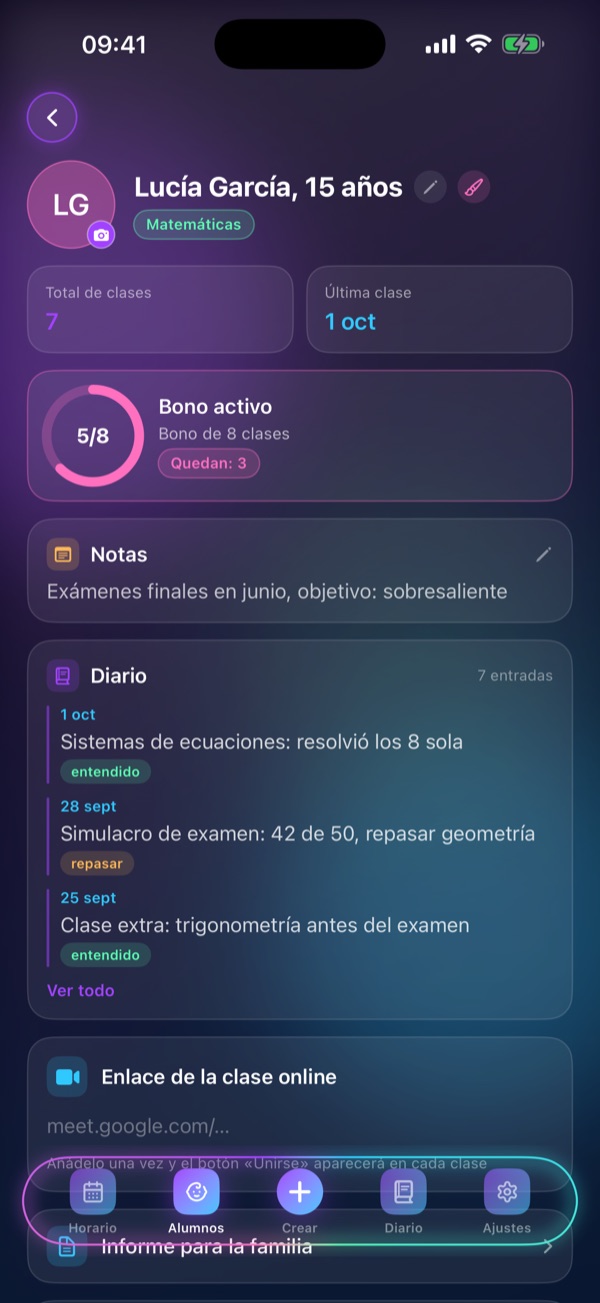 Pantalla «Ficha del alumno» de Schedule Lesson: Bono, notas, diario