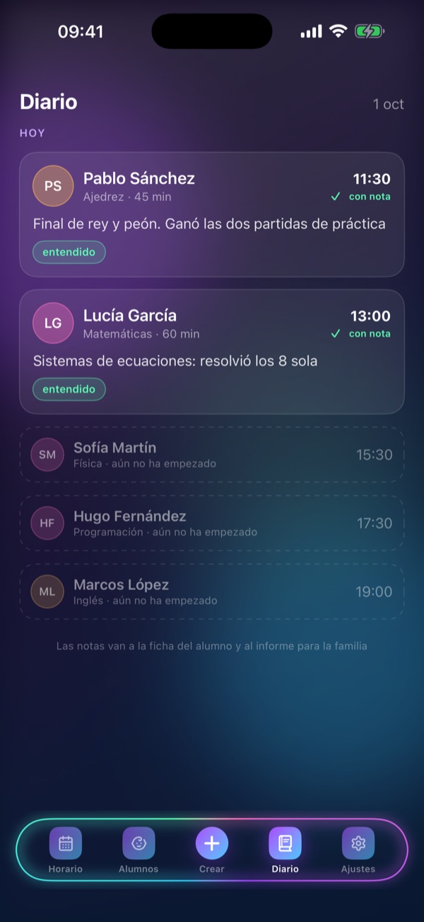 Pantalla «Diario» de Schedule Lesson: Notas de cada clase