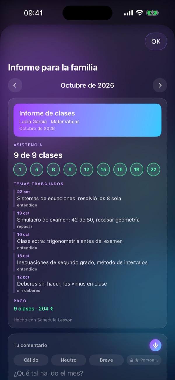 Pantalla «Informe para la familia» de Schedule Lesson: Asistencia, temas, pago
