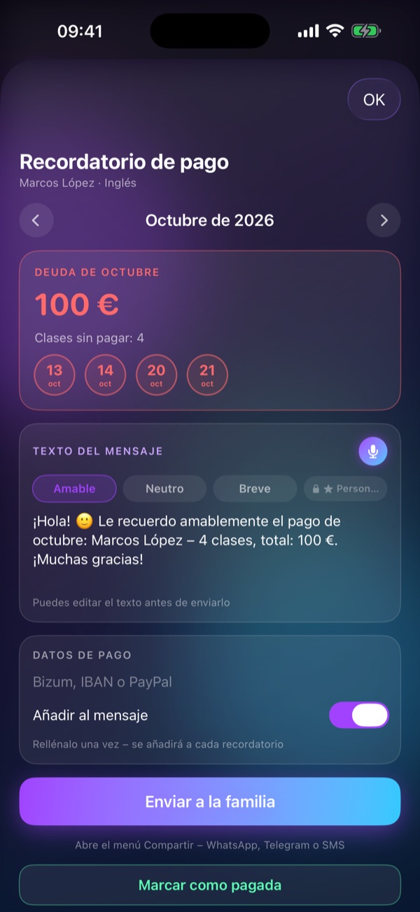 Pantalla «Recordatorio de pago» de Schedule Lesson: La deuda del mes y un mensaje listo para enviar