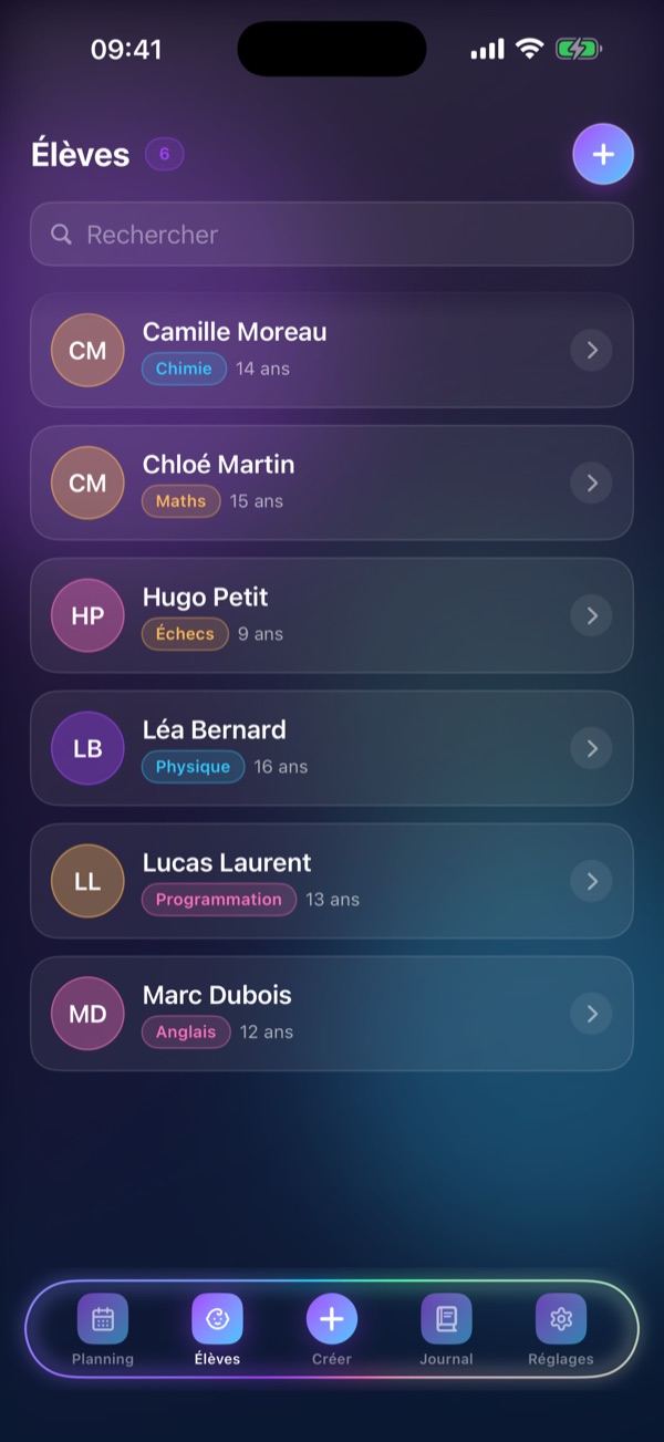 Écran « Élèves » de Schedule Lesson : Tous vos élèves et leurs matières