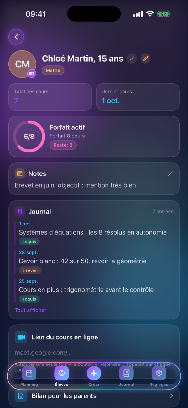 Écran « Fiche élève » de Schedule Lesson : Forfait, notes, journal