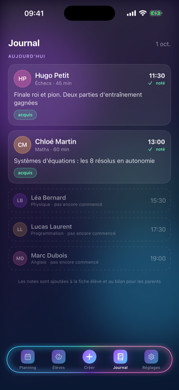 Écran « Journal » de Schedule Lesson : Une note pour chaque cours