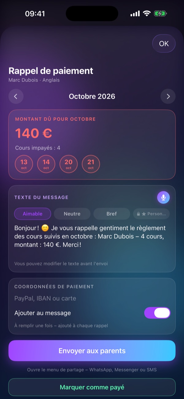 Écran « Rappel de paiement » de Schedule Lesson : Le montant dû du mois et un message prêt à envoyer