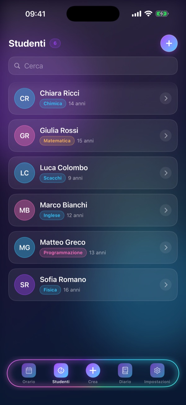 Schermata «Studenti» di Schedule Lesson: Tutti i tuoi studenti e le loro materie