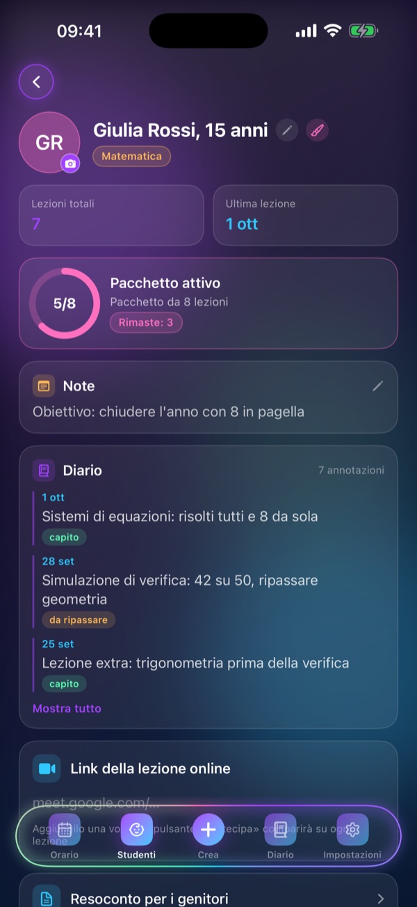 Schermata «Scheda studente» di Schedule Lesson: Pacchetto, note, diario