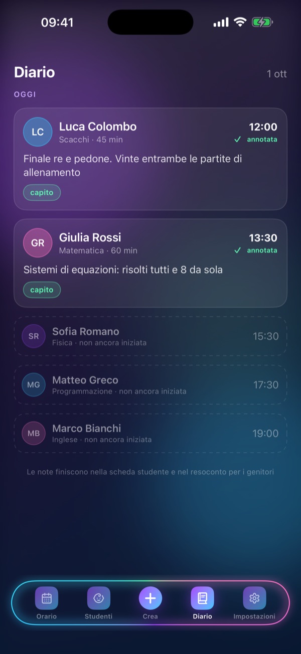 Schermata «Diario» di Schedule Lesson: Una nota per ogni lezione