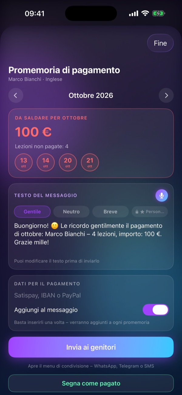Schermata «Promemoria di pagamento» di Schedule Lesson: L’importo del mese e un messaggio già pronto