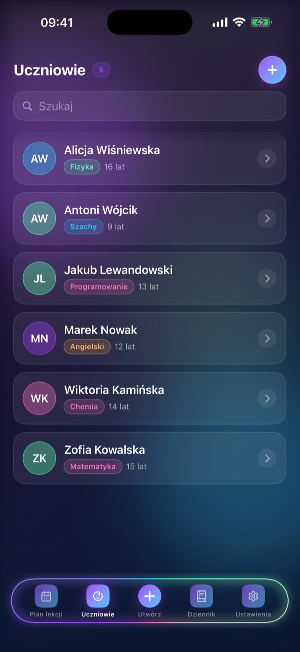 Ekran Schedule Lesson „Uczniowie”: Wszyscy uczniowie i ich przedmioty