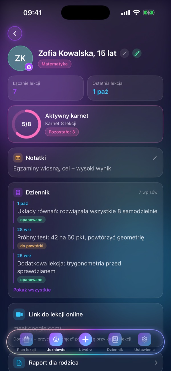 Ekran Schedule Lesson „Karta ucznia”: Karnet, notatki, dziennik