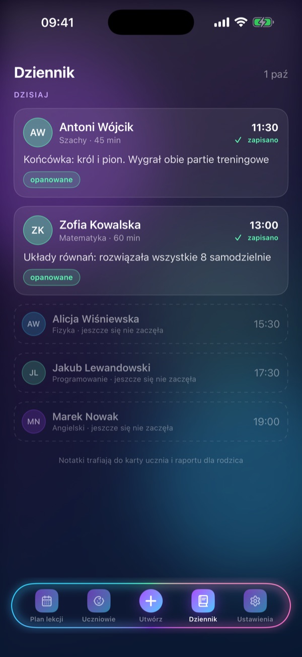 Ekran Schedule Lesson „Dziennik”: Notatki z każdej lekcji