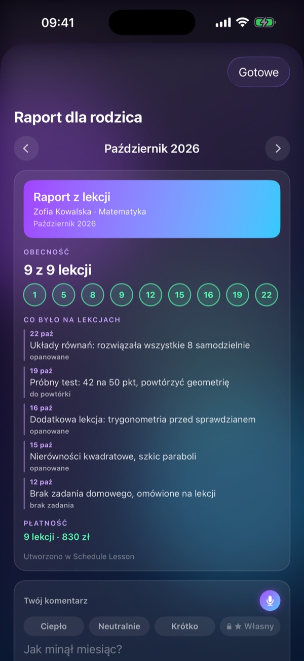 Ekran Schedule Lesson „Raport dla rodzica”: Obecność, tematy, płatność