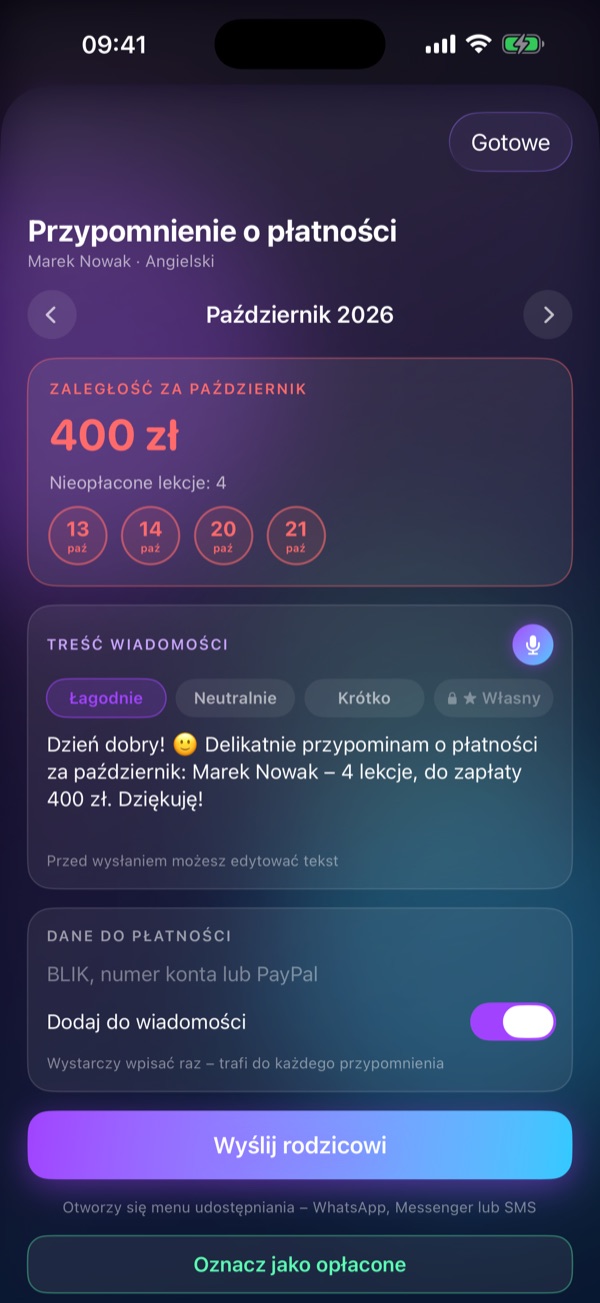 Ekran Schedule Lesson „Przypomnienie o płatności”: Zaległość za miesiąc i gotowa wiadomość